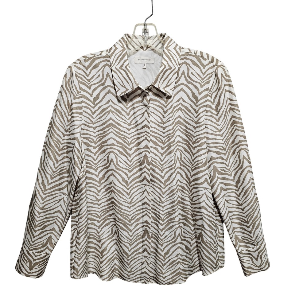 Lafayette 148 - Tan & Cream Zebra Print Button Front Long Sleeves‎ Blouse Size S